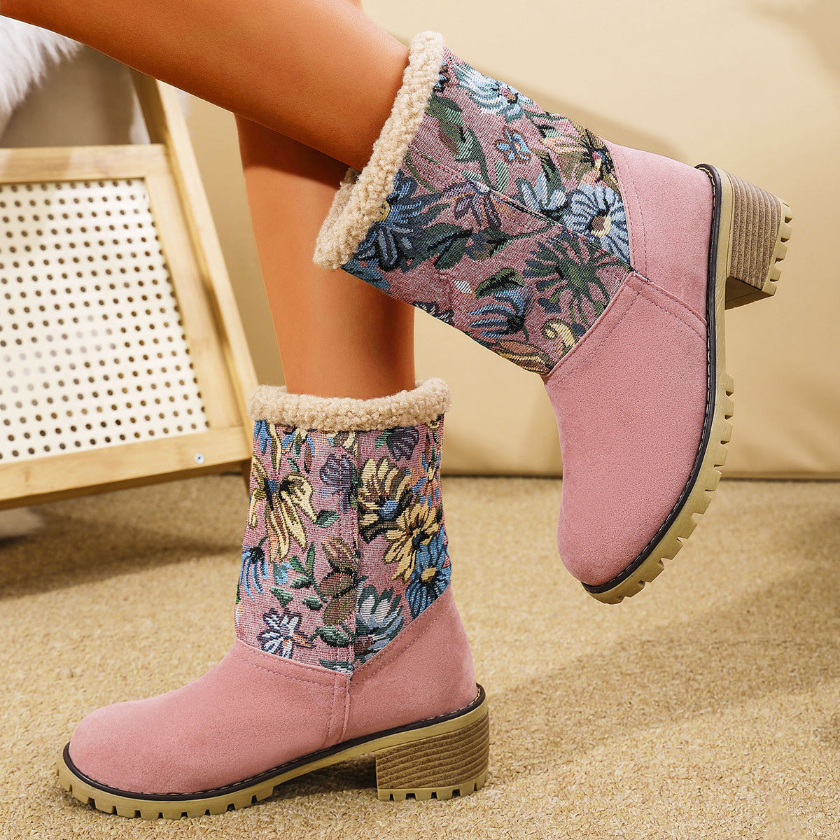 Flowers Embroidered Snow Boots Ethnic Style Platform Thick Square Heel Mid-Tube Boot Winter Warm Cotton Shoes For Women