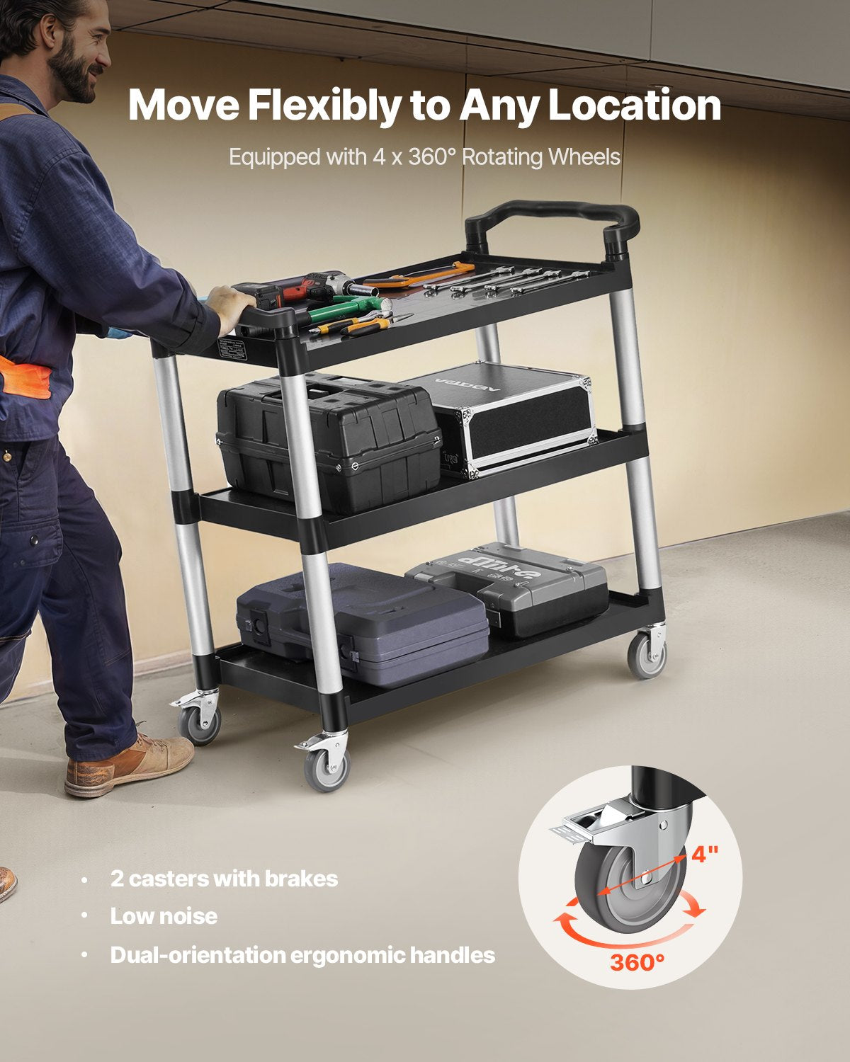 Heavy Duty Utility Cart 500 Lbs Capacity 3-Tier Service Cart With Wheels