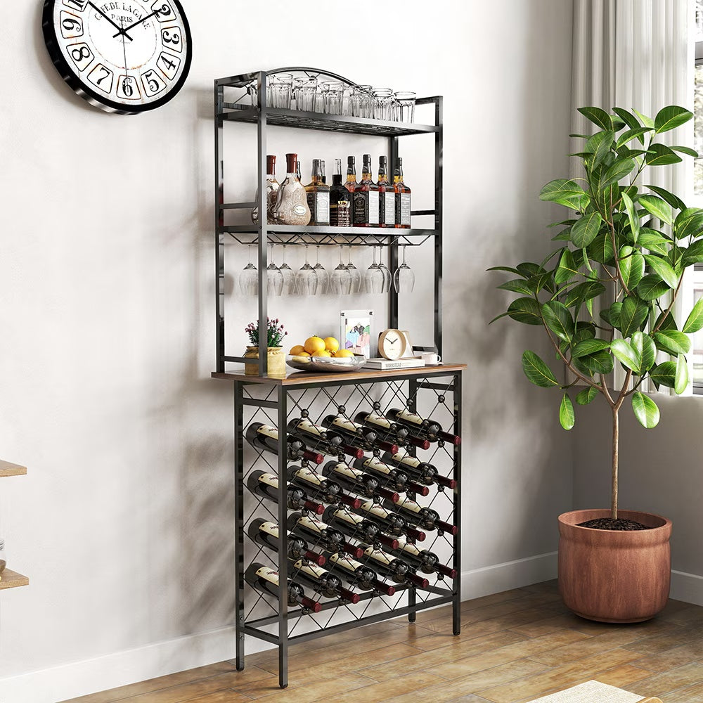 Freestanding Floor Wine Rack,Tall Wine Holder Stand With Wine Glass Holder,Storage Shelves