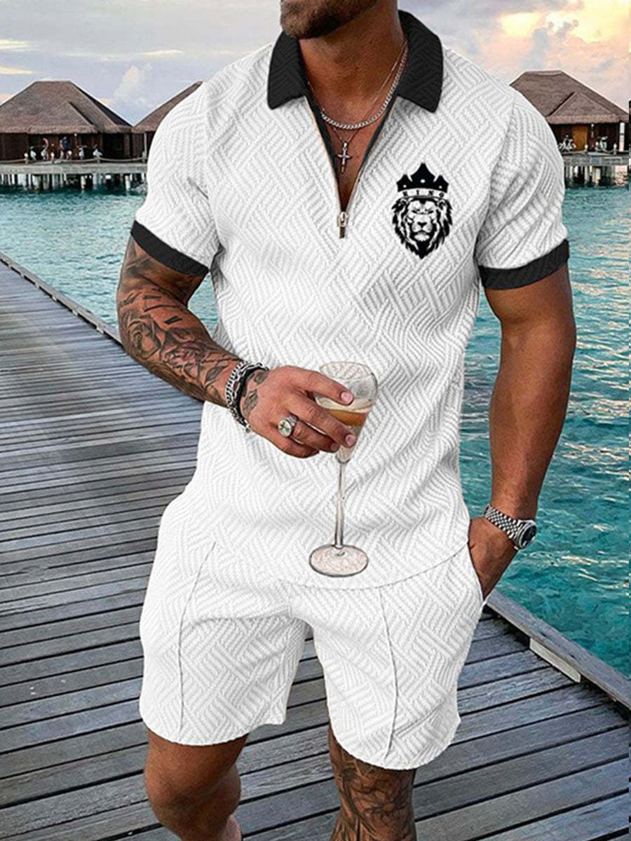 Men's Summer Fashion 3D Printed Short Sleeve Geometric Zip Lapel Shirt Set