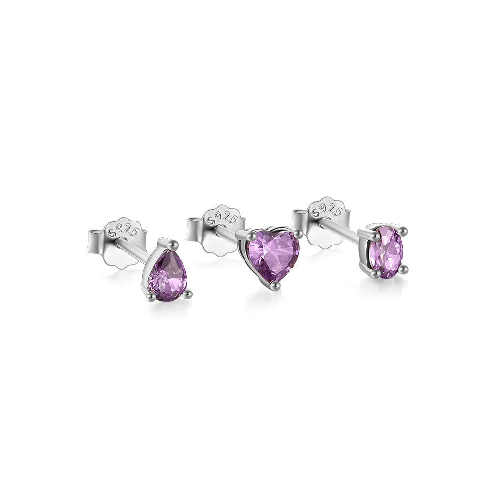 S925 Sterling Silver Purple Cluster Heart-Shaped Diamond Stud Earrings