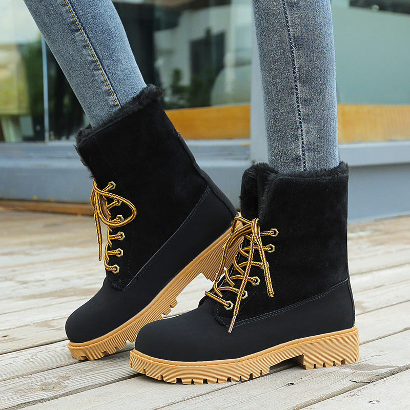 European and American Round Toe Lace Low Heel Snow Boots