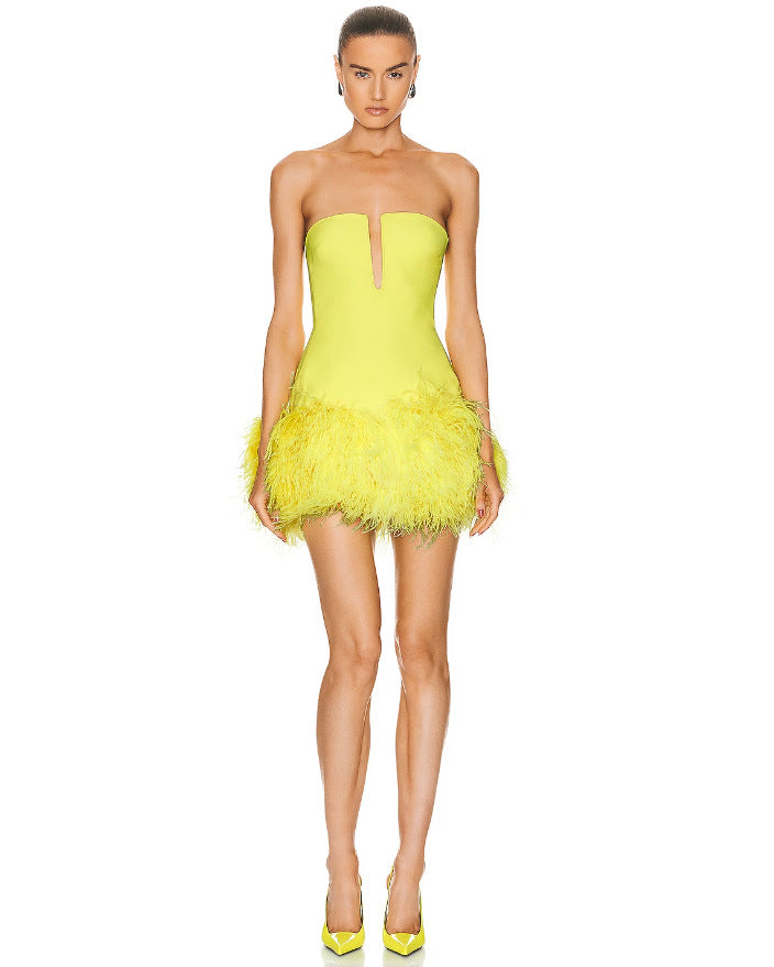 Deep V Strapless Ostrich Feather Hip-Wrapped Short Dress