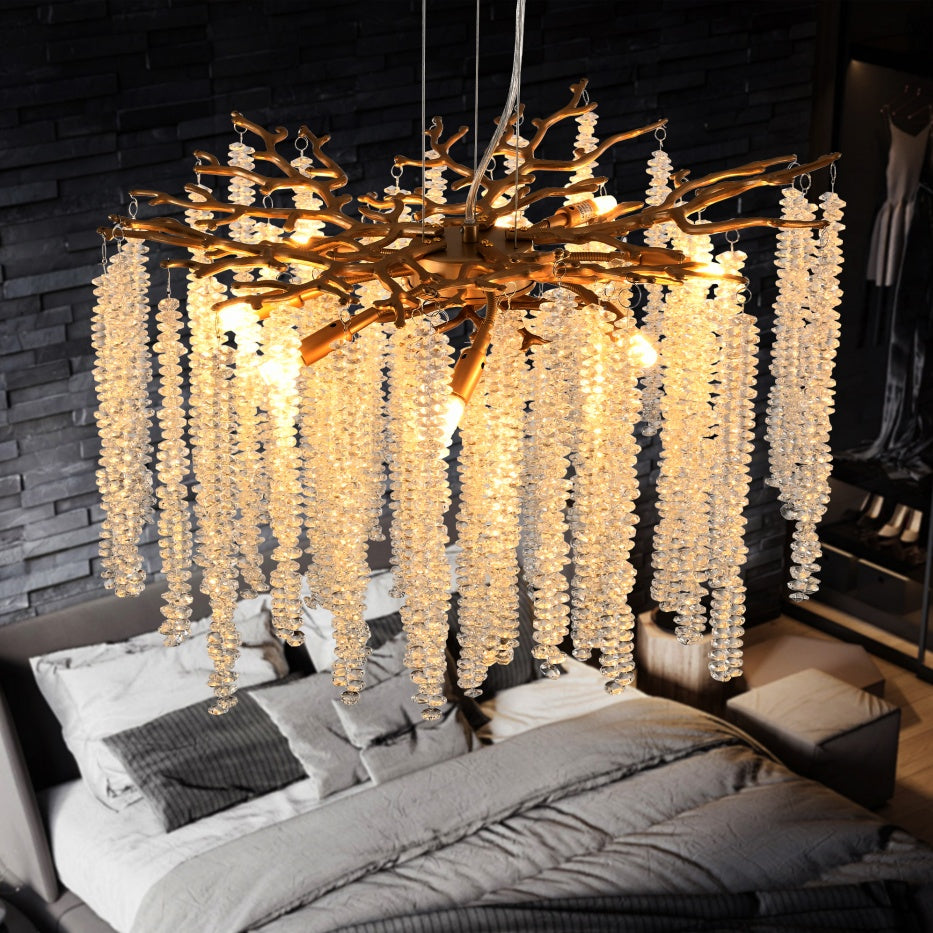 24-inch Modern Golden Pendant Light With Cascading Crystal Strands, Ideal For Living Room, Dining Room And Foyer, High-End Decorative Lighting Fixture Bulb Not Included