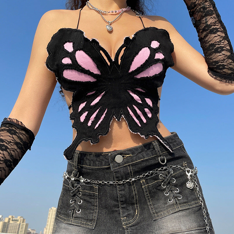 Contrast Color Butterfly V-Neck Slim Tube Top Vest