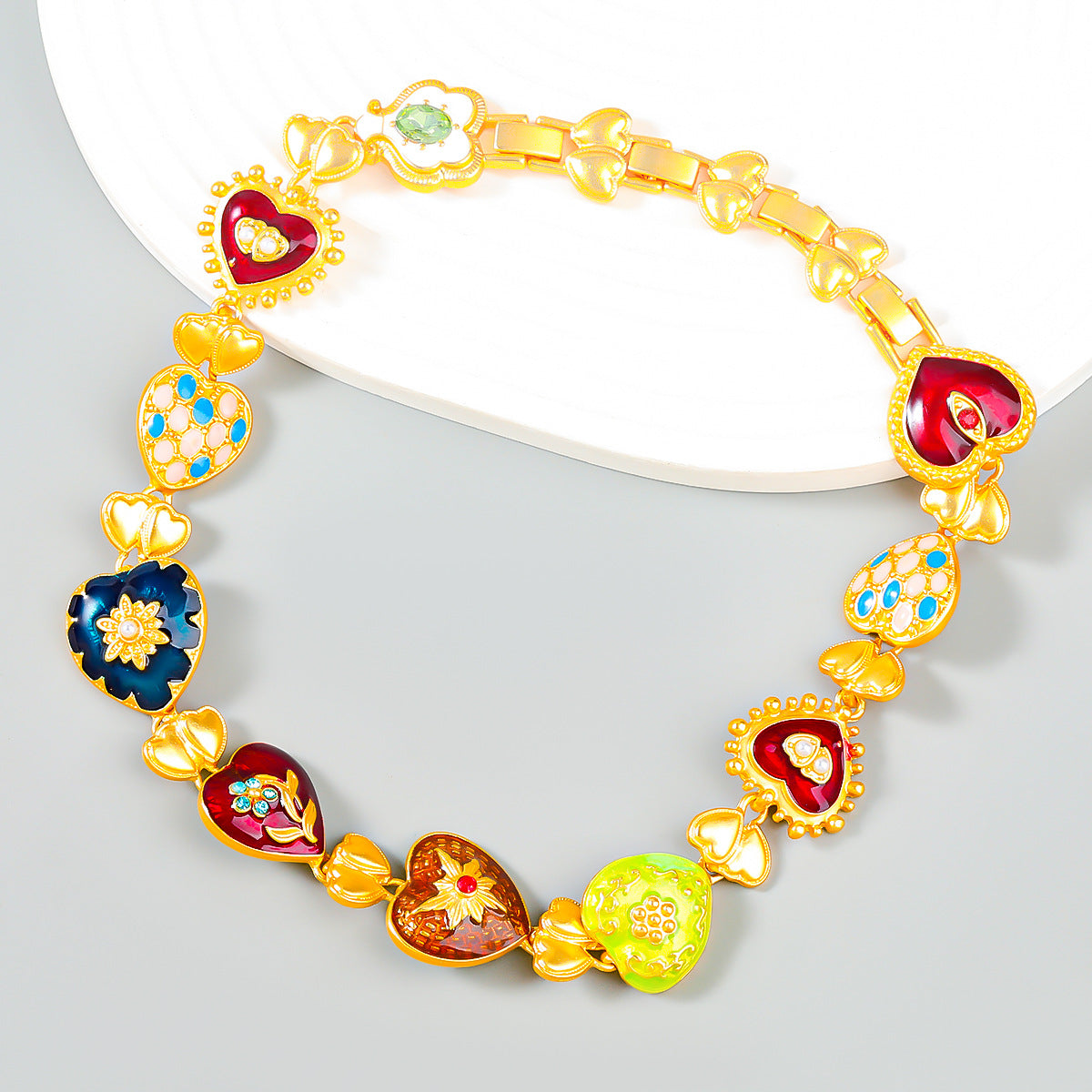 Heart-Shaped Necklace Alloy Drop Oil Necklace Multi-Layer Love Flower