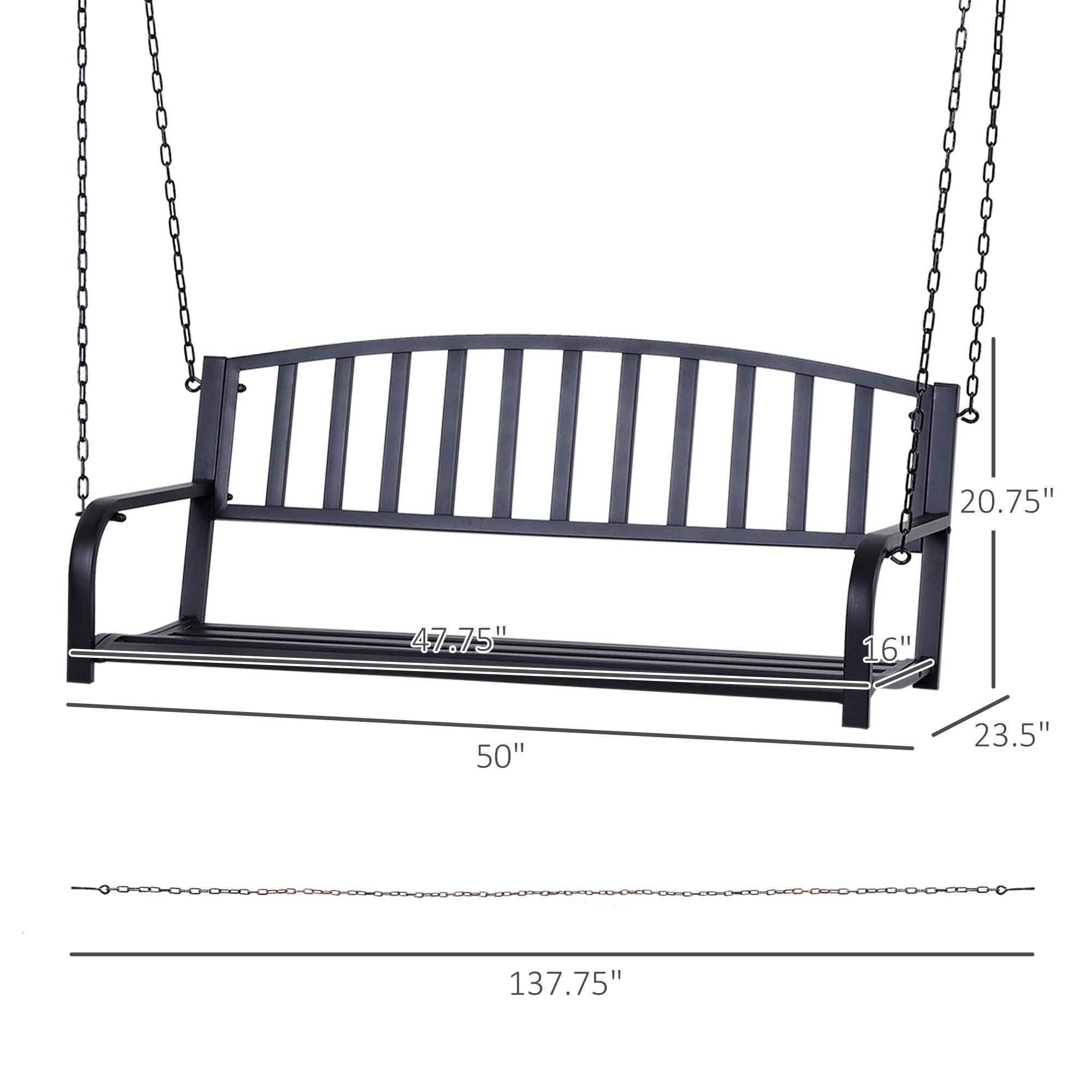 2 Person Front Porch Swing Patio Swing Bench, Outdoor Steel Swing Chair With Sturdy Chains, For Backyard, Deck, 528 Lb Weight Capacity, Black