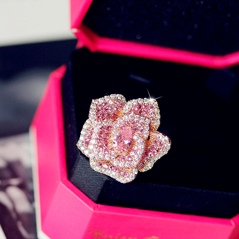 Gemstone Three-Dimensional Rose Flower Heavy Industry Ring