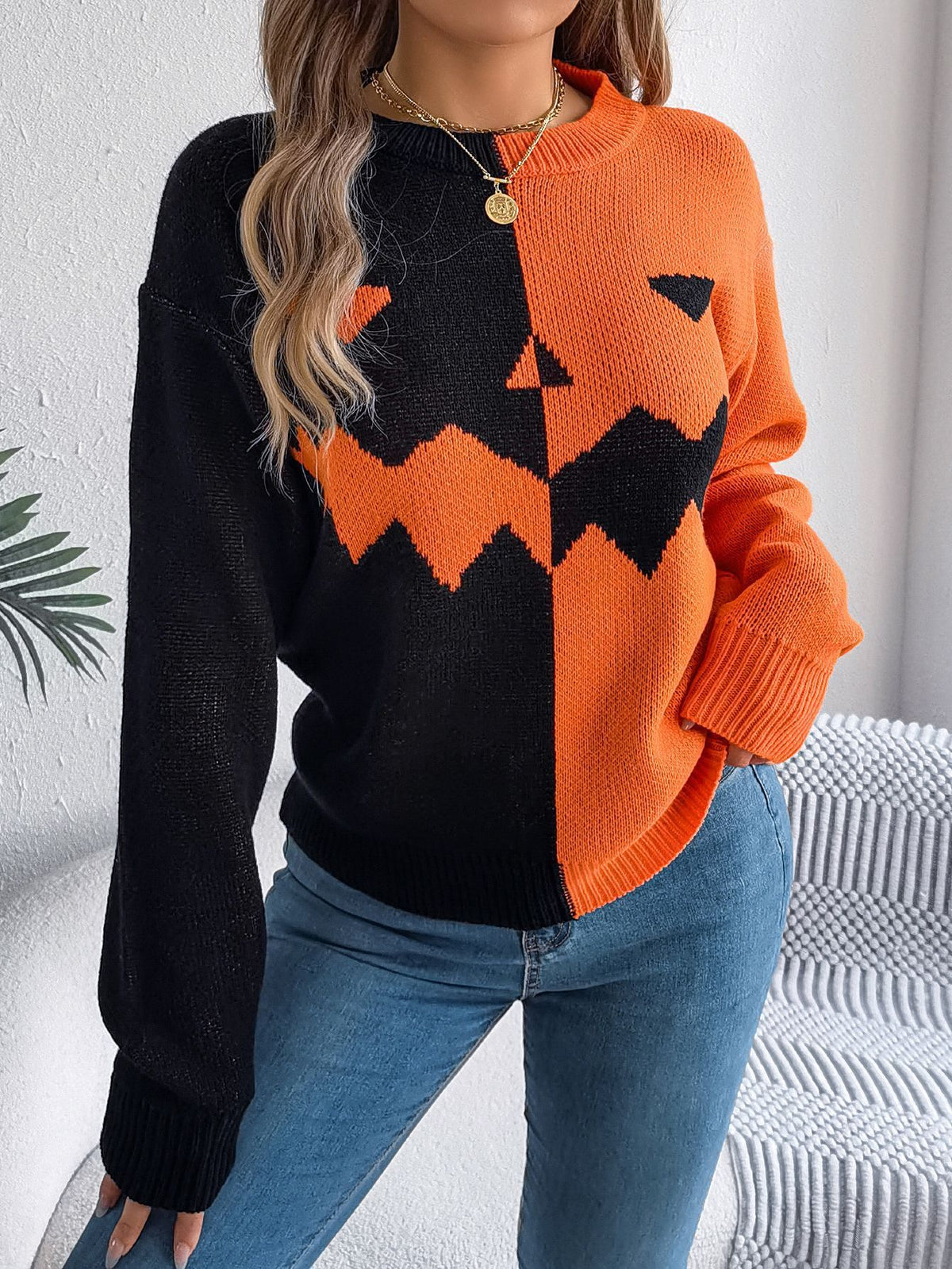 Halloween Contrast-Color Pullover Sweater Fashion Long Sleeve Knitted Tops For Womens Clothing