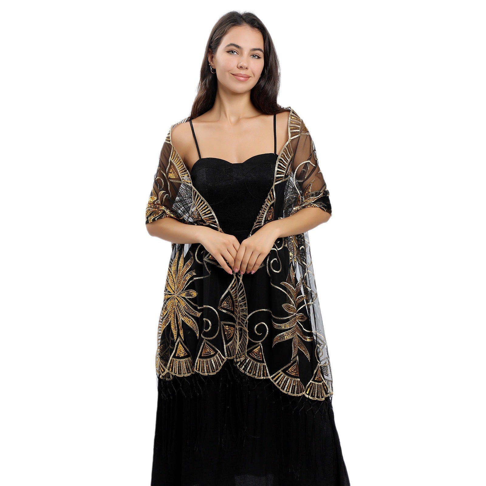 Long Sequined Embroidered Feather Shawl