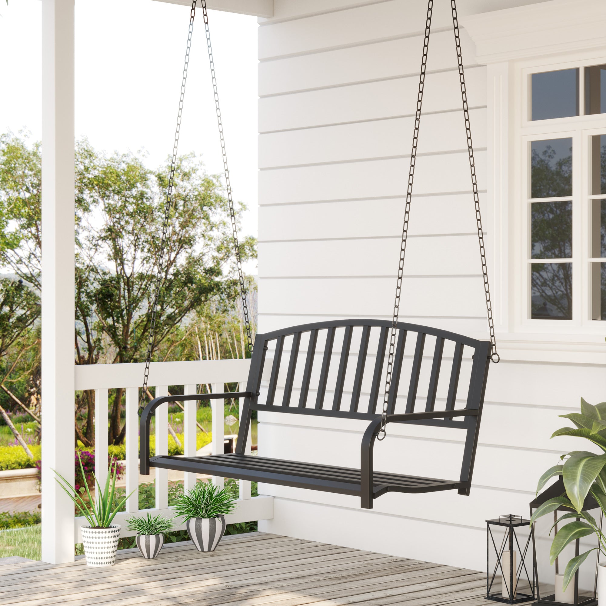 2 Person Front Porch Swing Patio Swing Bench, Outdoor Steel Swing Chair With Sturdy Chains, For Backyard, Deck, 528 Lb Weight Capacity, Black