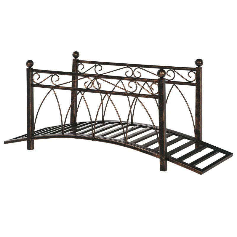Metal Arch Zen Garden Bridge With Safety Siderails, Decorative Footbridge, Delicate Scrollwork & Corner Spheres For Stream, Fish Pond, Bronze