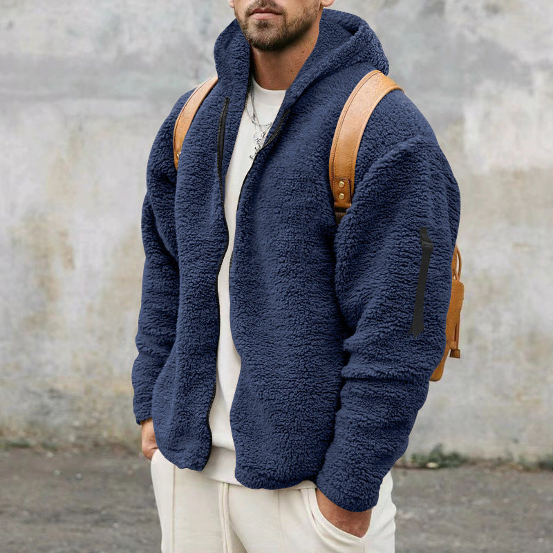 Plush Hooded Jacket Men's Autumn And Winter Fleece Double-Sided Wear Warm Coat With Zipper Loose Casual Jacket Outdoor Clothing