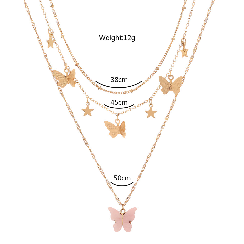 Simple Temperament Net Red Multi-Layer Butterfly Three-Layer Necklace Female South Korea Metal Star Multi-Layer Necklace INS Clavicle Chain