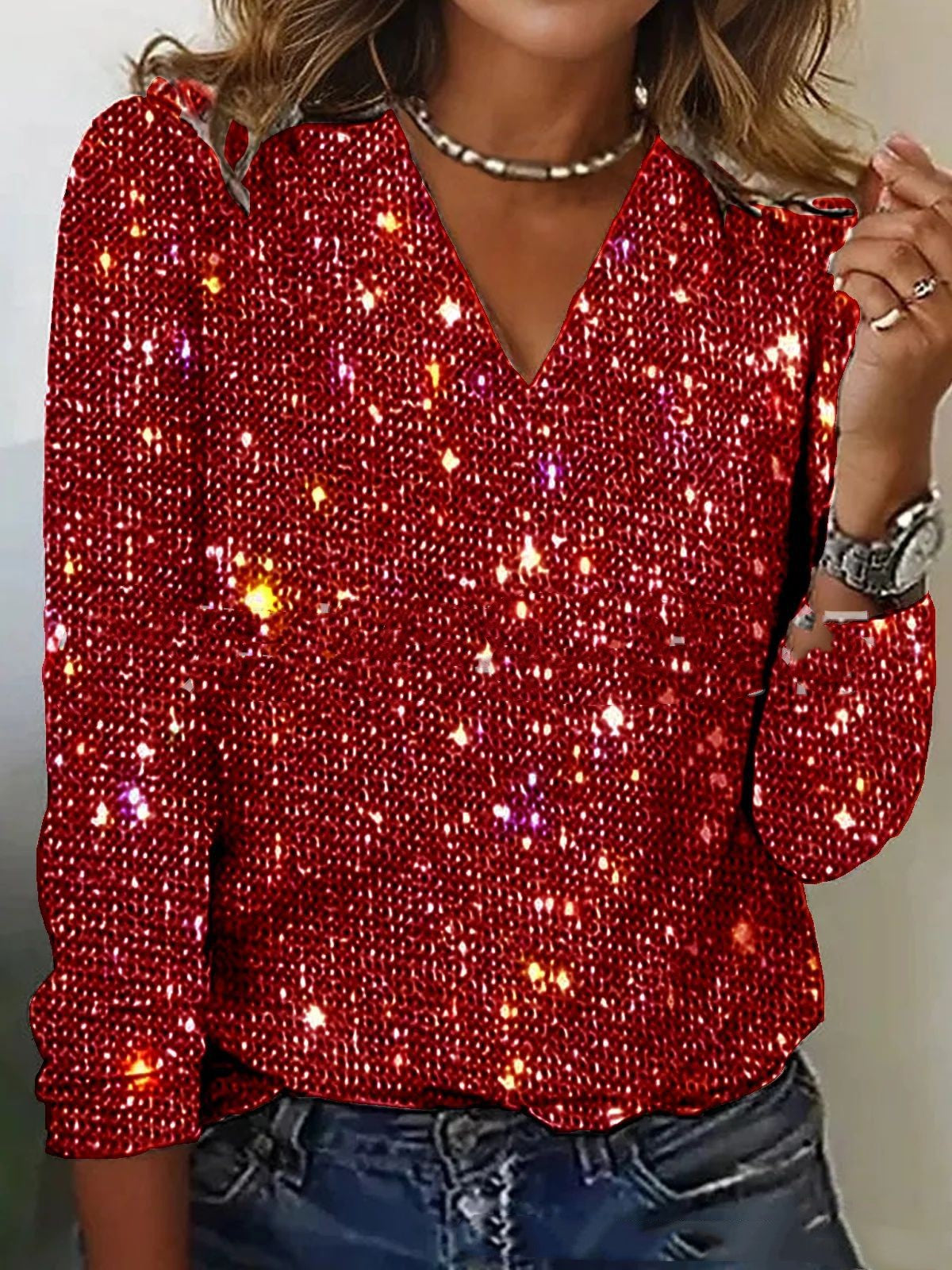 Women's Pure Color Sequins Long-Sleeved T-shirt