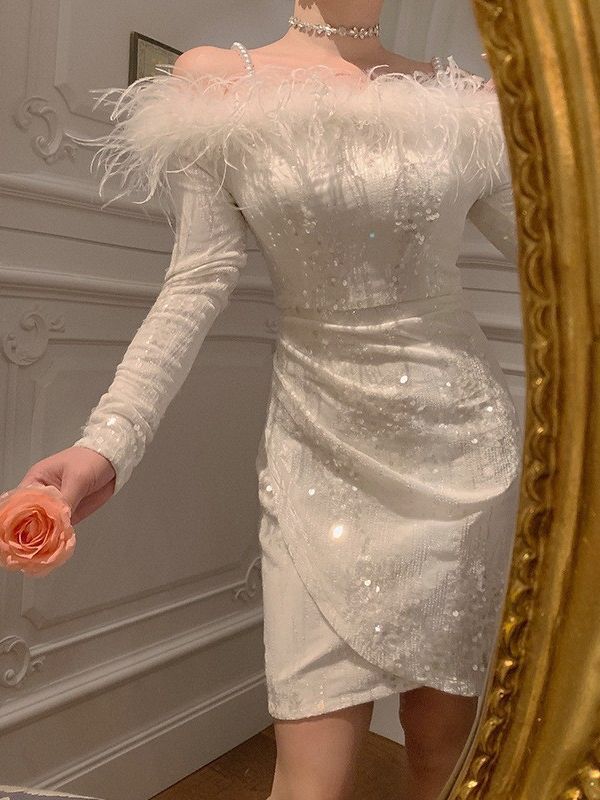 Sequined Feather Off-shoulder New Banquet Party C- Bit Evening Dress For Women