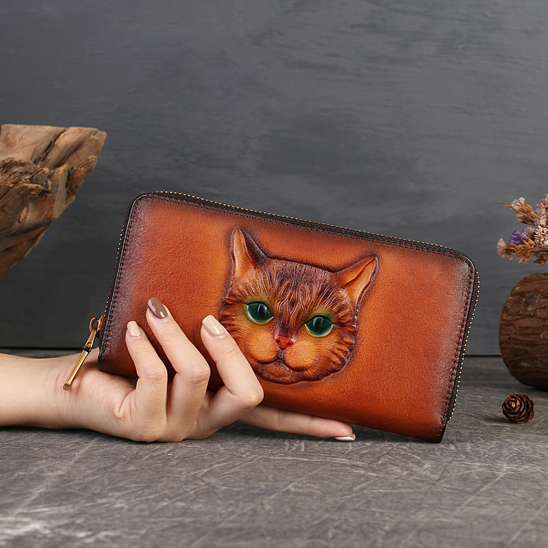Genuine Leather Coin Purse Cat Embossed Multi-Card-Slot Card Holder Design Sense