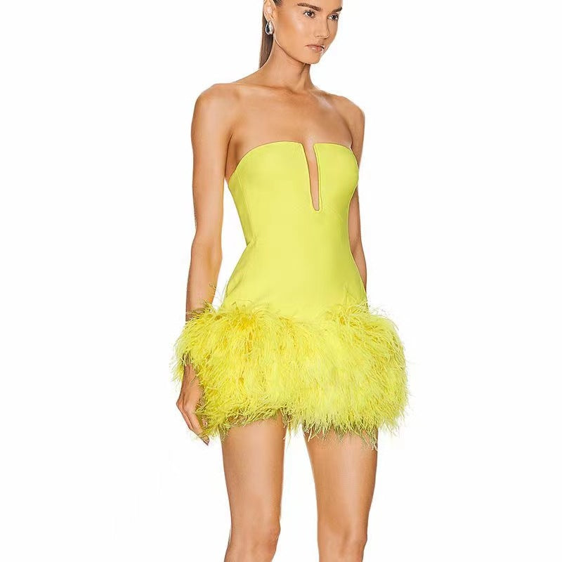 Deep V Strapless Ostrich Feather Hip-Wrapped Short Dress