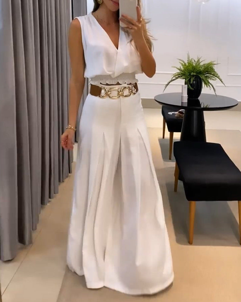 Amazon White Girdle Sleeveless V-Neck Vest Suit Wide-Leg Bell-Bottoms-No Need Belt