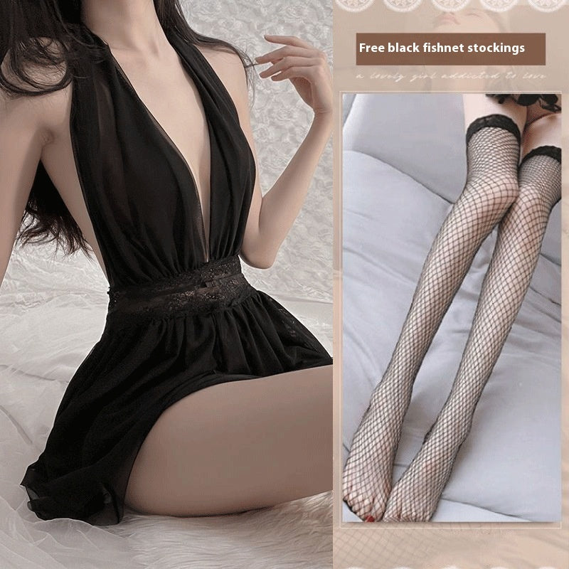 French Mesh Backless Halter Sexy And Breathable Nightdress For Women