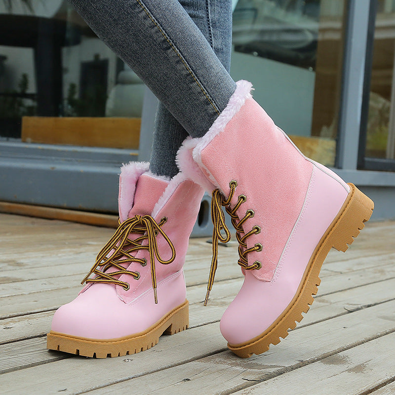 European and American Round Toe Lace Low Heel Snow Boots