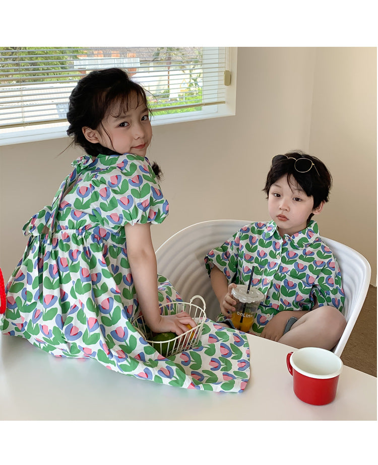 Baby Flower Shirt Top Children's Brother And Sister Clothes