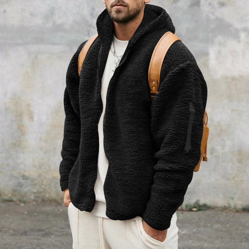 Plush Hooded Jacket Men's Autumn And Winter Fleece Double-Sided Wear Warm Coat With Zipper Loose Casual Jacket Outdoor Clothing