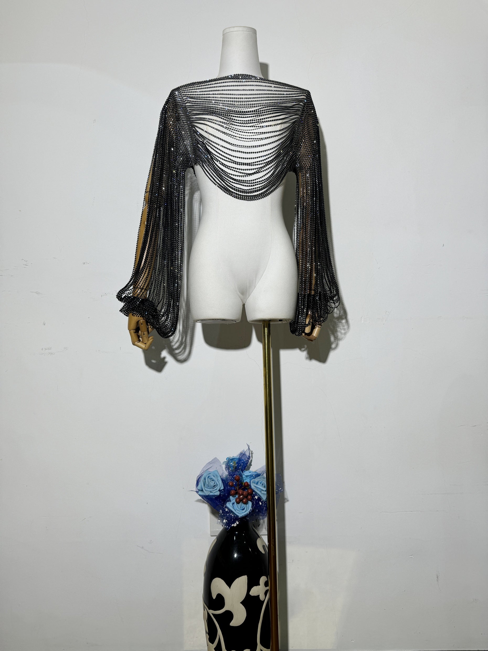 Diamond-Embellished Accessory Shawl Long-Sleeve Top