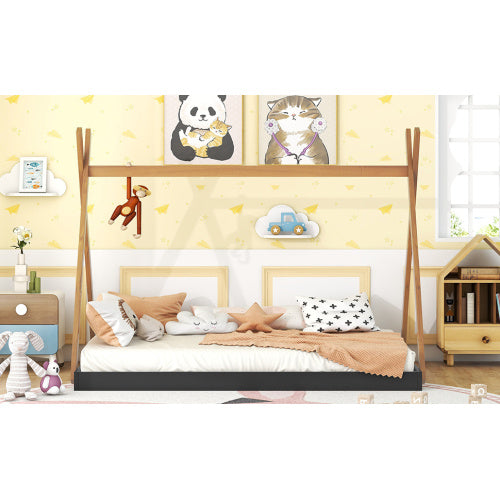 Full Size Tent Floor Bed With Triangle Structure, Black Brown