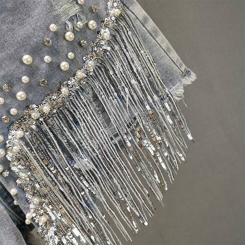 Heavy-Duty Beaded Sequined Tassel Ripped Copper Jeans