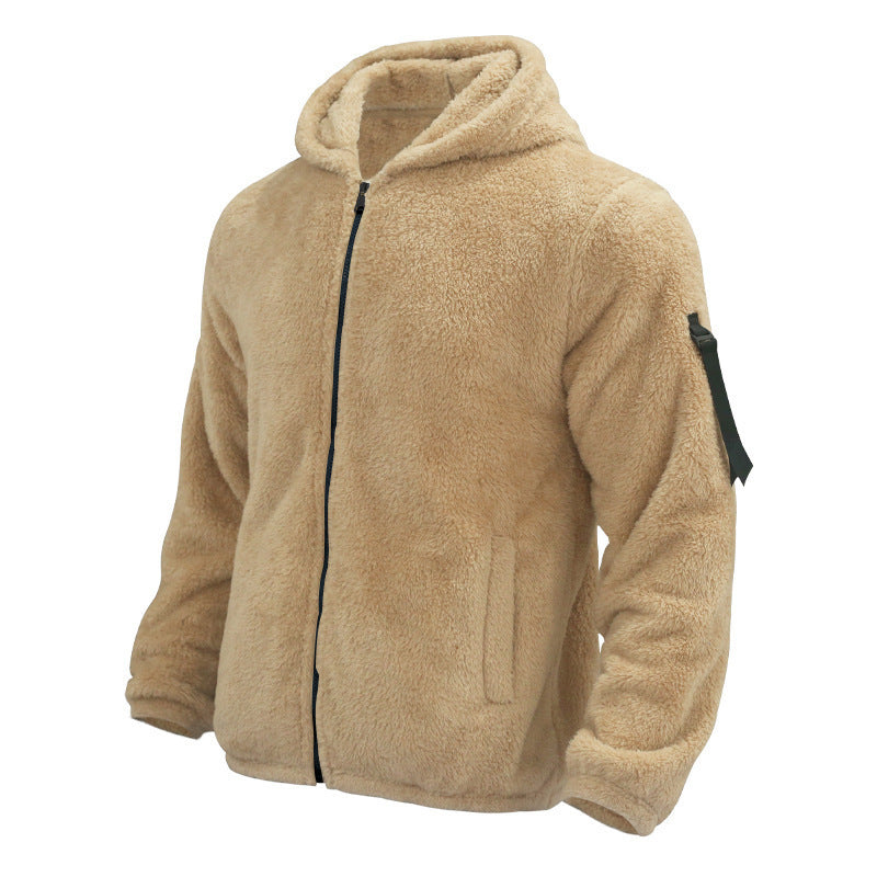 Plush Hooded Jacket Men's Autumn And Winter Fleece Double-Sided Wear Warm Coat With Zipper Loose Casual Jacket Outdoor Clothing
