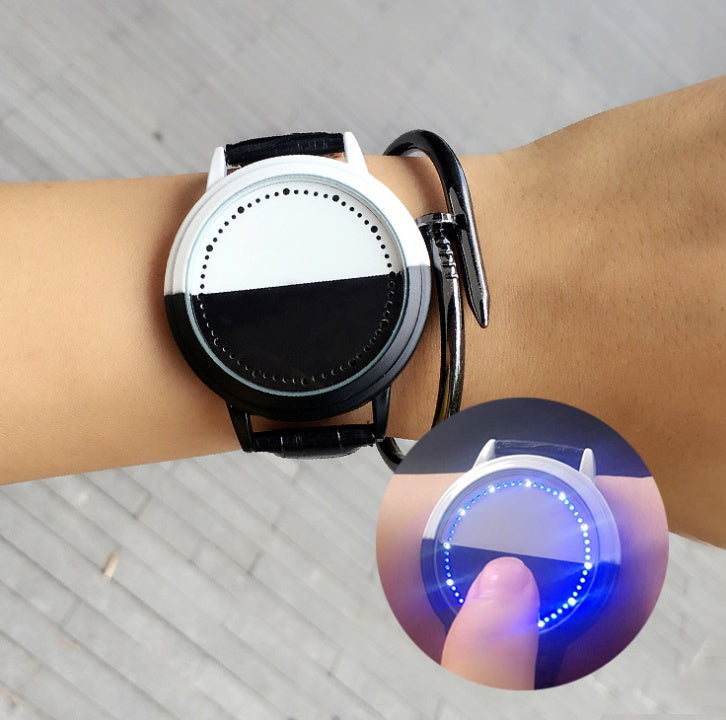LED Touch Student Couple Watch Leather Smart Black and White Stitching Men and Women Watch