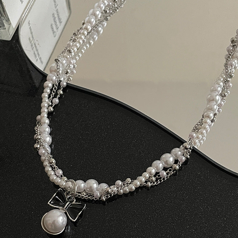 Bow Stitching Pearl Double-layer Winding Necklace Female Special Interest Light Luxury Y2g Hot Girl Sweet Cool Clavicle Chain Ornament
