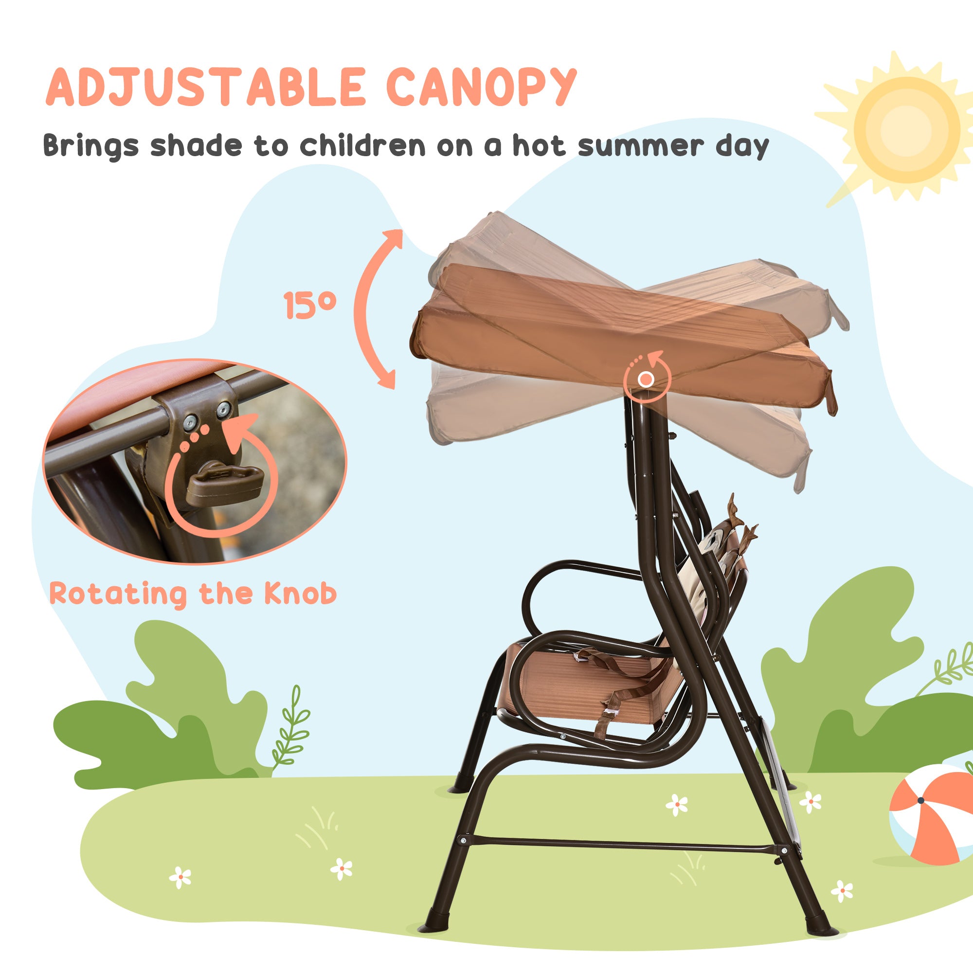 2 Seater Kids Garden Swing Seat, Children Outdoor Patio Lounge Chair For Gardens W/ Adjustable Awning, Seatbelt, Monkey Pattern - Brown