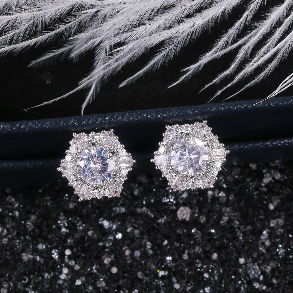 1 Pair Sparkly Hexagon Full Cubic Zirconia Stud Earrings For Women, Luxury Shiny Hypoallergenic Earrings For Daily Wear Wedding Party