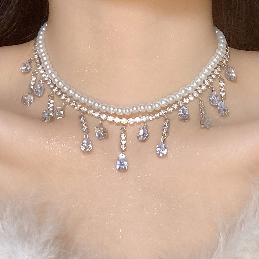 New Rhinestone Pearl Tassel Double-Layer Necklace