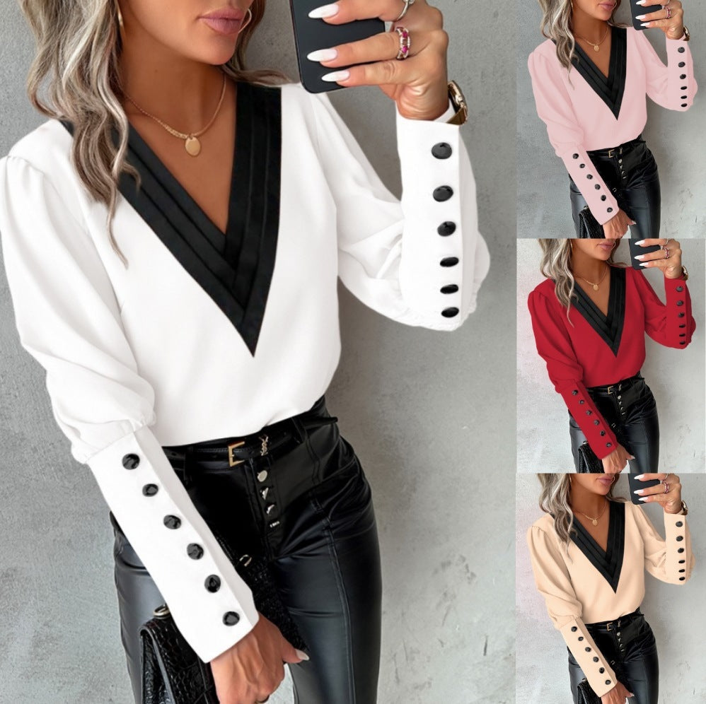 Fashion V-Neck Long Sleeve Blouse With Button Design Commuter Leisure Solid Shirt Top Womens Clothing