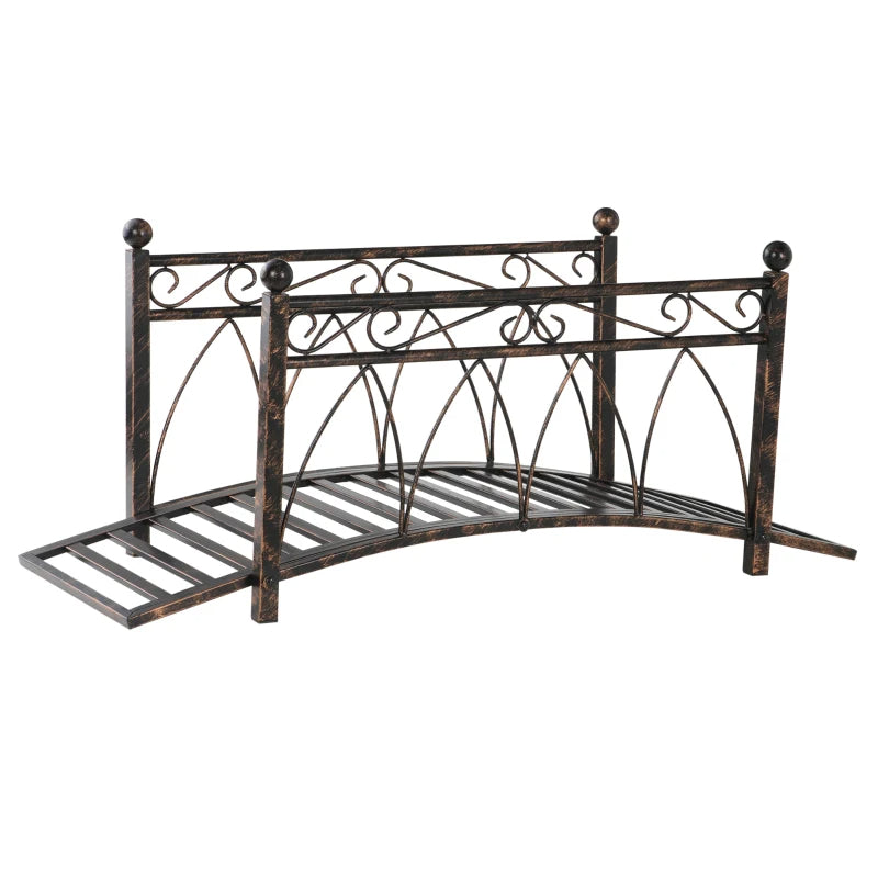 Metal Arch Zen Garden Bridge With Safety Siderails, Decorative Footbridge, Delicate Scrollwork & Corner Spheres For Stream, Fish Pond, Bronze