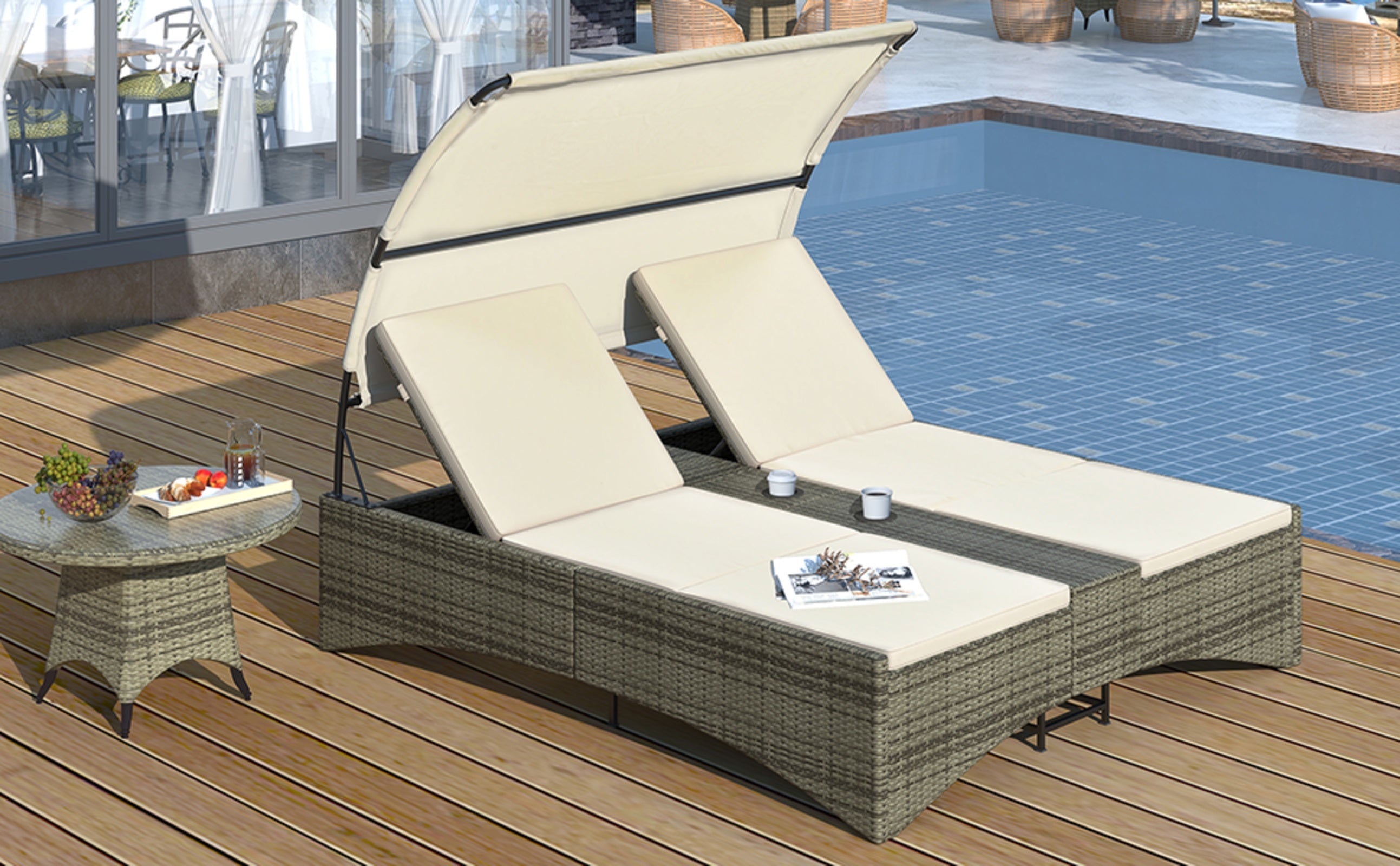 Patio Daybed Outdoor Daybed Outdoor Rattan Sun Lounger With Shelter Roof With Adjustable Backrest, S