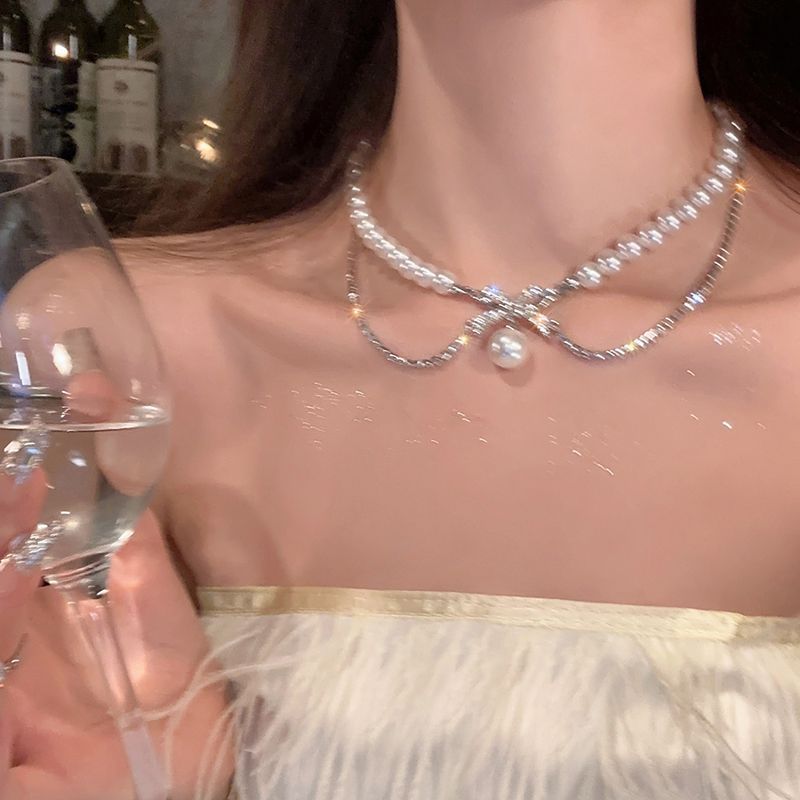 New Rhinestone Pearl Tassel Double-Layer Necklace