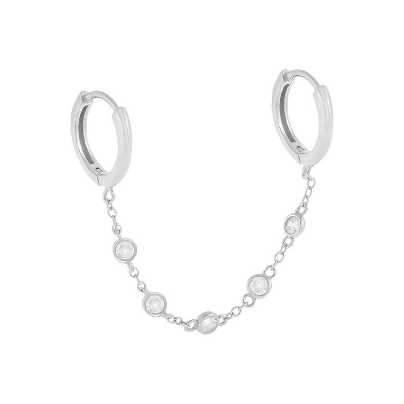 Sterling Silver Pentagram Diamond Chain Tassel Stud Earrings