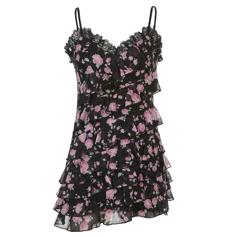 Irregular Suspender Dress With Floral Fungus