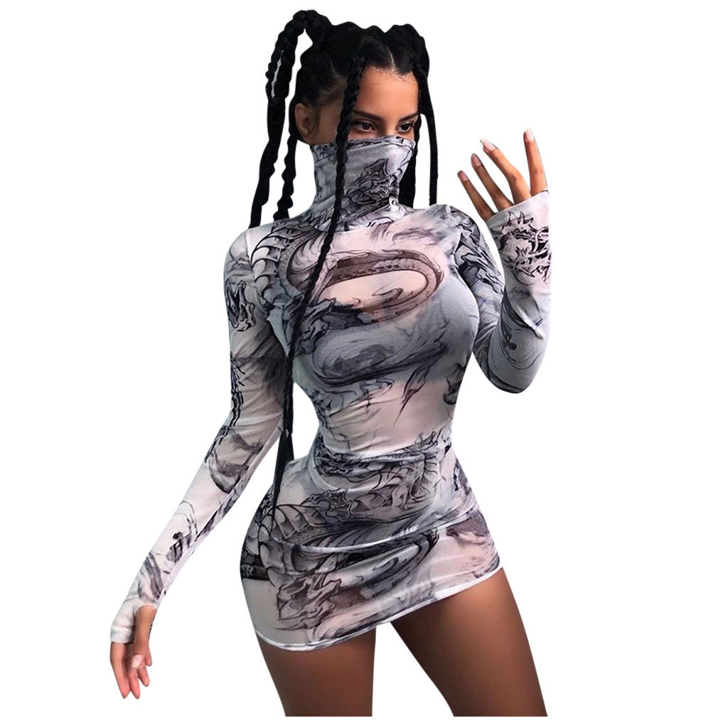 Turtleneck Long Sleeve Printed Mesh See-Through Dress