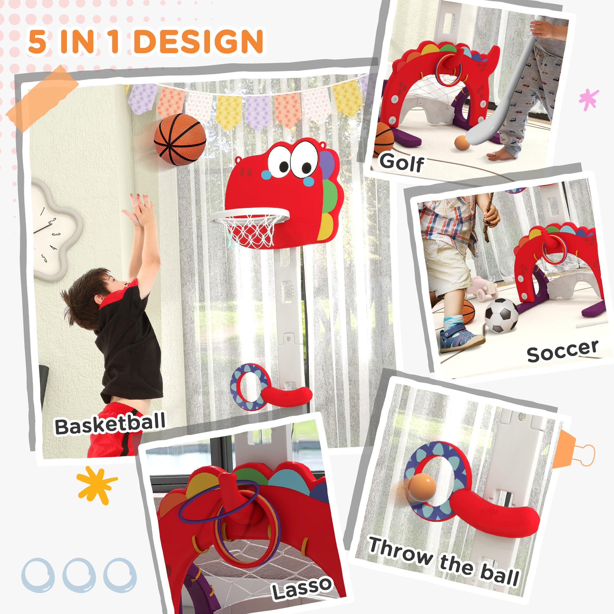 Adjustable Height 4.4-5 ft Kids Basketball Hoop, 5 in 1 Design, for Indoor Use, Red