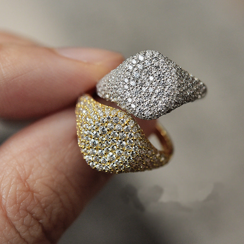 S925 Silver Tide Full Diamond Square Net Red Simple Cold Style Personality Ring