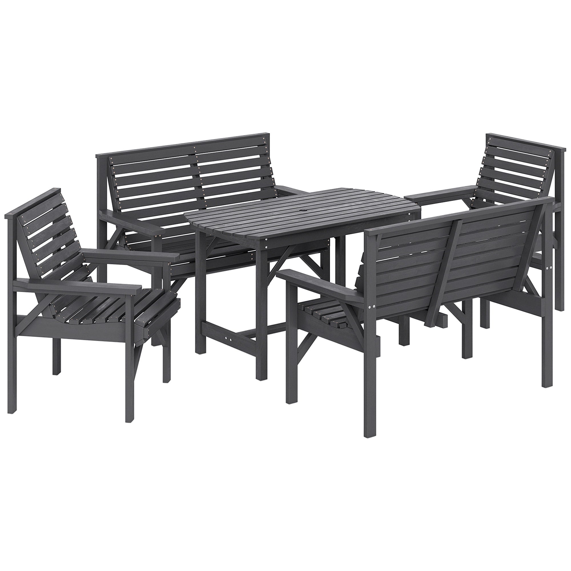 5 Piece Wooden Garden Dining Set For 6, Outdoor Conversation Set With 2 Armchairs, 2 Loveseats And Dining Table With Umbrella Hole For Patio, Balcony, Grey
