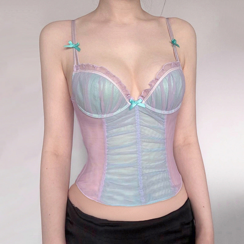 Pure Desire Mesh Stitching Contrast Color Bow Small Sling Vest