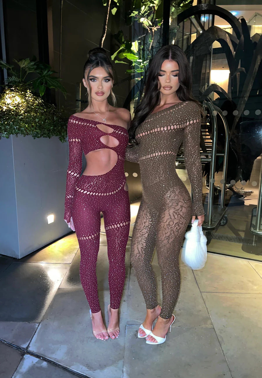 One-Piece Long Sleeves Hot Rhinestone Shiny Fishnet Clothes Sexy Lingerie