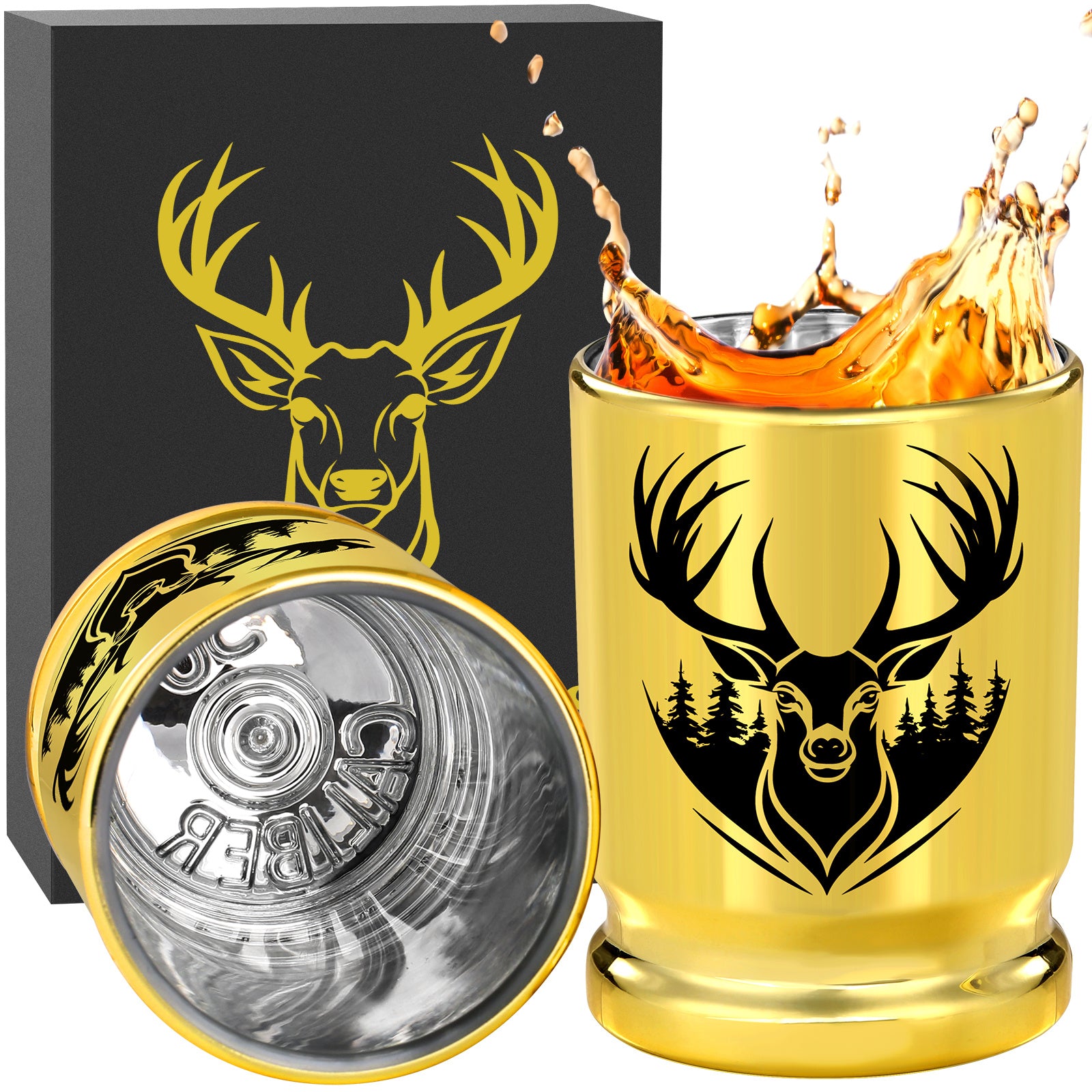 2pcs  50 Caliber Deer Head Golden Plastic Wine Glasses With Gift Box - Leak Proof, Reusable - Stylish Animal Print Design, Suitable For Whiskey, Tequila, Etc