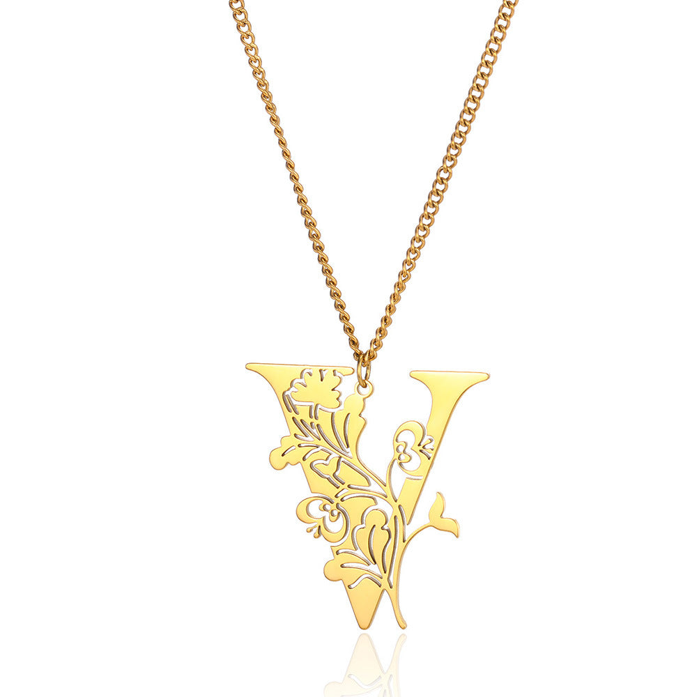 Stainless Steel 26 English Flower Letter Necklace